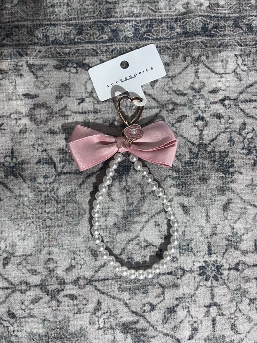 Pink pearl bow wristlet keychain