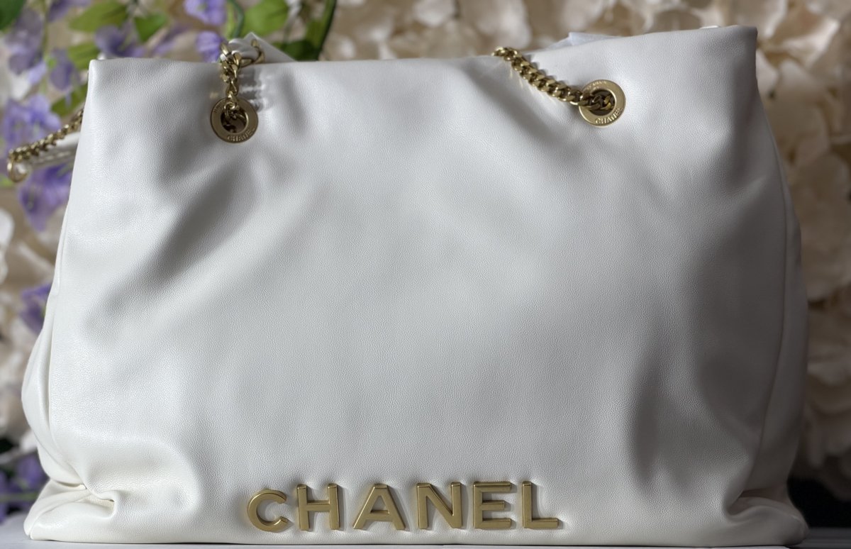 Chanel White Leather Chain Tote