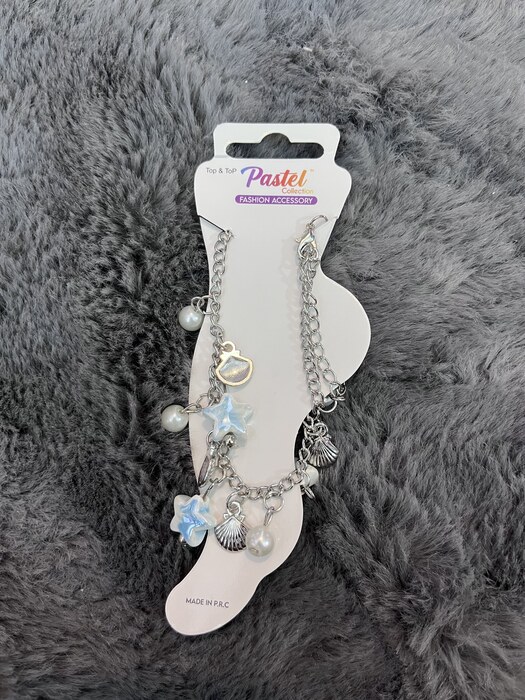 Silver charm chain anklet in Blue Star & Shell
