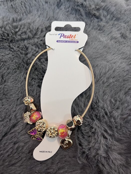 Gold charm bangle anklet in Pink Opal