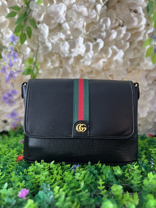 Black Leather Web Flap Bag