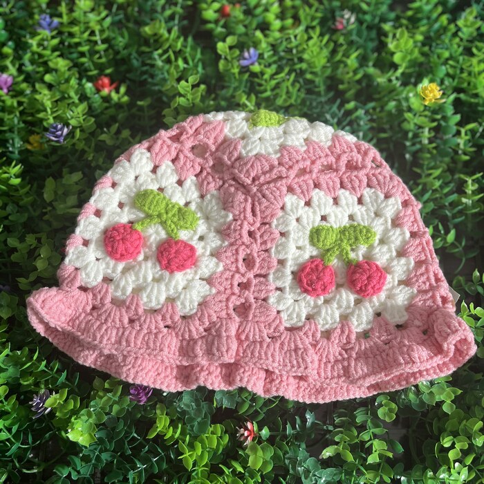 Pink cherry crochet bucket hat