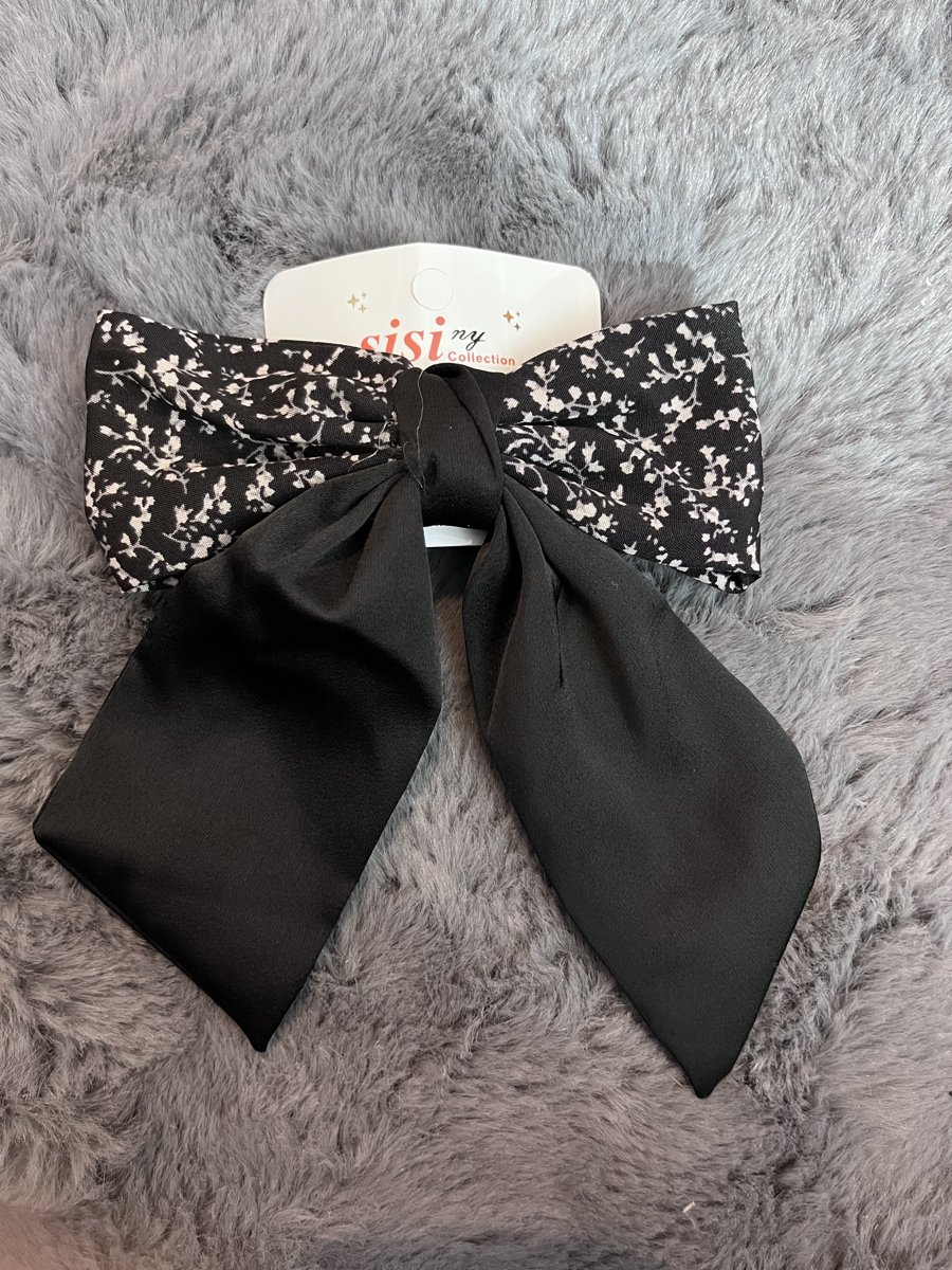 Satin Floral Hair Bow - Black
